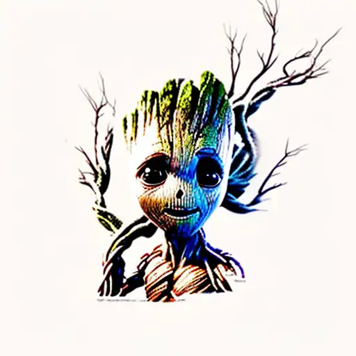 baby groot with long branches on arms tattoo design idea