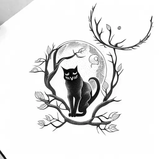 A mystical black cat perched on a tree branch with a full moon in the background tattoo design idea