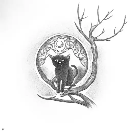 A mystical black cat perched on a tree branch with a full moon in the background tattoo design idea