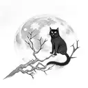 A mystical black cat perched on a tree branch with a full moon in the background tattoo design idea