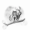 A mystical black cat perched on a tree branch with a full moon in the background tattoo design idea