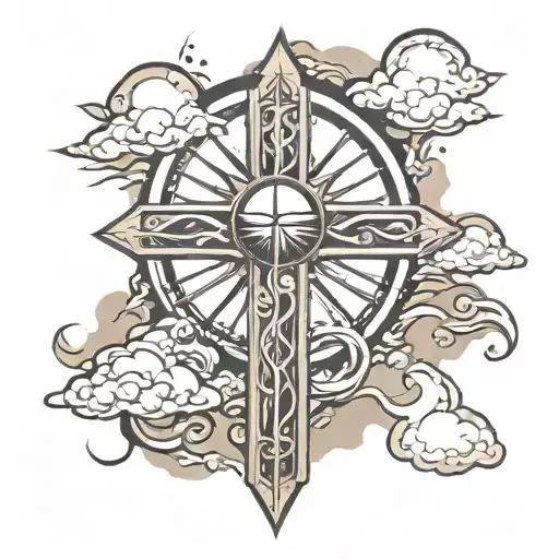 cross with sun and clouds surrounding tattoo design idea