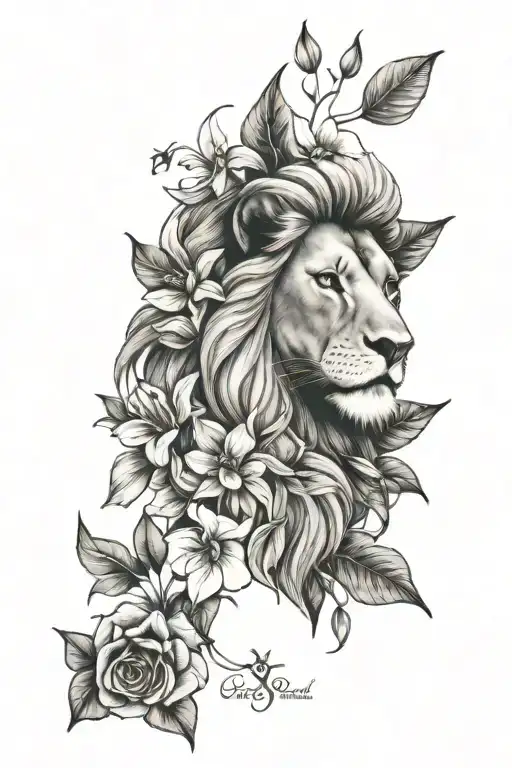 flowers surrounding lion face tattoo design idea