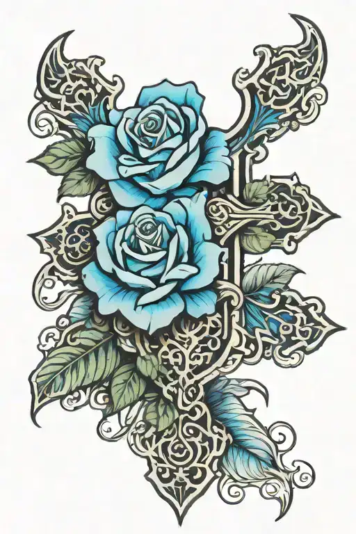 cross and blue rose tattoo design idea