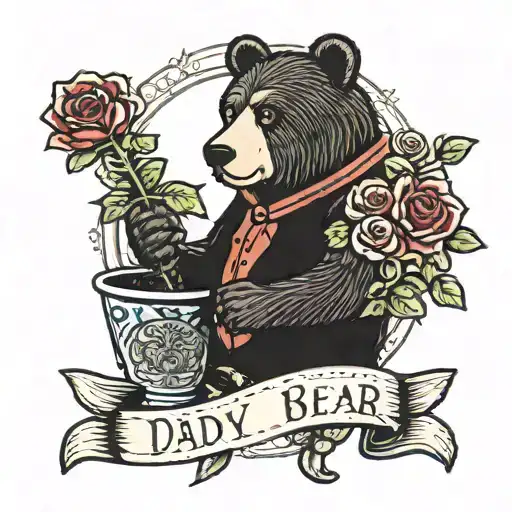 daddy bear holding rose basket with jam, ladybug, ginger tattoo design idea