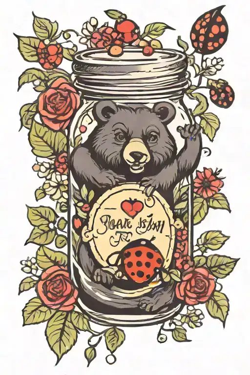 jar of jam, jumping beans, lady bug, momma wolf, daddy bear tattoo design idea