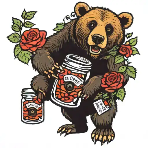daddy bear holding roses, ladybug, jar of jam, and jumping beans tattoo design idea
