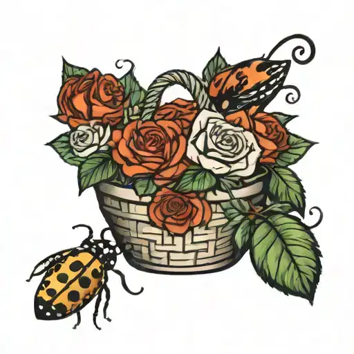 roses basket, jam, ladybug, and jumping beans tattoo design idea