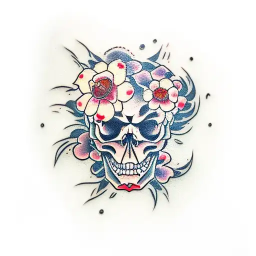 Japones yin yan skull with cherry blossoms tattoo design idea