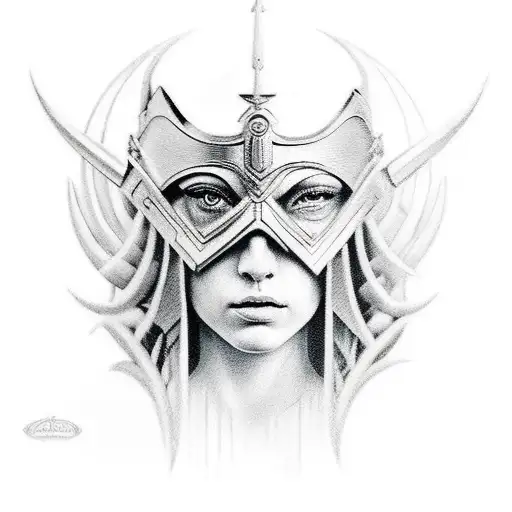 Tántalo trying to get good, athena with something hiding her eyes like a warrior goddess of Justice but also war.  tattoo design idea
