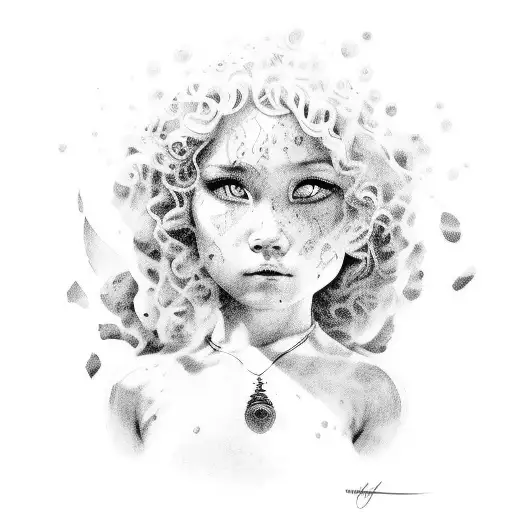 face of Young amazona 10 years old, curly hair and appeareance like Lost child. warrior style  tattoo design idea