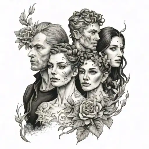 A detailed portrait of the sturniolo Triplets intertwined with elements of nature and magic tattoo design idea