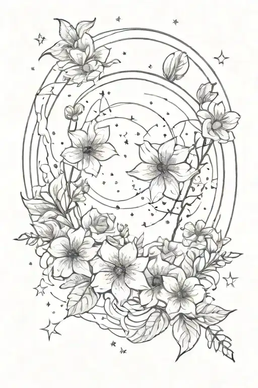 A sketch style tattoo of a celestial background with the Gemini constellation and flowers scattered throughout tattoo design idea
