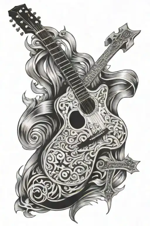 Guitar and Cross made tattoo design idea