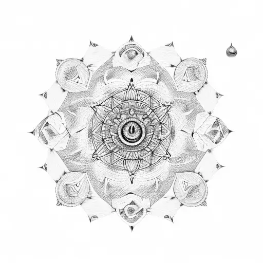 A mandala-inspired design featuring cricket bats, balls, and meditation symbols tattoo design idea