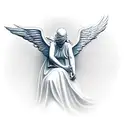 sideways facing blindfolded angel folding a large rose in the prayer position  tattoo design idea