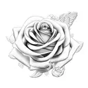 sideways facing blindfolded angel folding a large rose in the prayer position  tattoo design idea