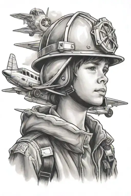 A stylized portrait of the client's son wearing a firefighter helmet, with a plane in the background tattoo design idea