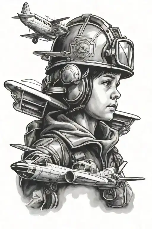 A stylized portrait of the client's son wearing a firefighter helmet, with a plane in the background tattoo design idea