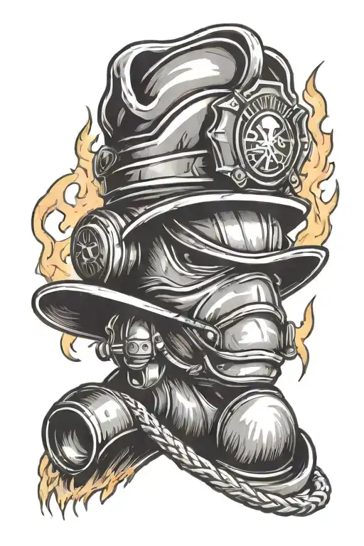 A black and grey tattoo of a firefighter helmet with four small flames around it, each representing one of your children tattoo design idea