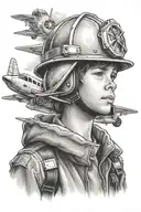 A stylized portrait of the client's son wearing a firefighter helmet, with a plane in the background tattoo design idea