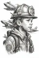 A stylized portrait of the client's son wearing a firefighter helmet, with a plane in the background tattoo design idea