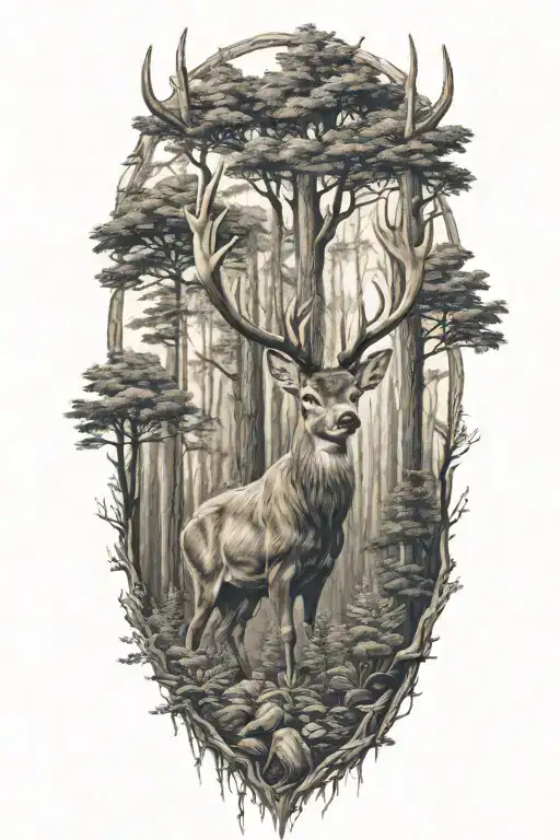 family of deer head with trees tattoo design idea