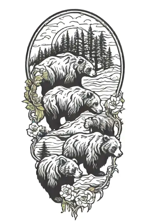 4 bears in nature tattoo design idea