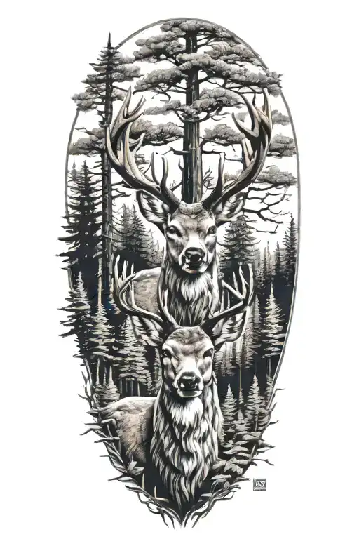family of deer head with trees tattoo design idea