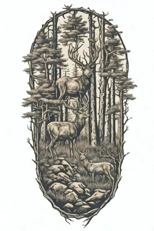 family of deer with trees tattoo design idea