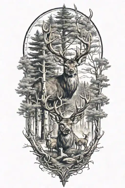 family of deer head with trees tattoo design idea