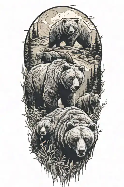 4 bears in nature tattoo design idea