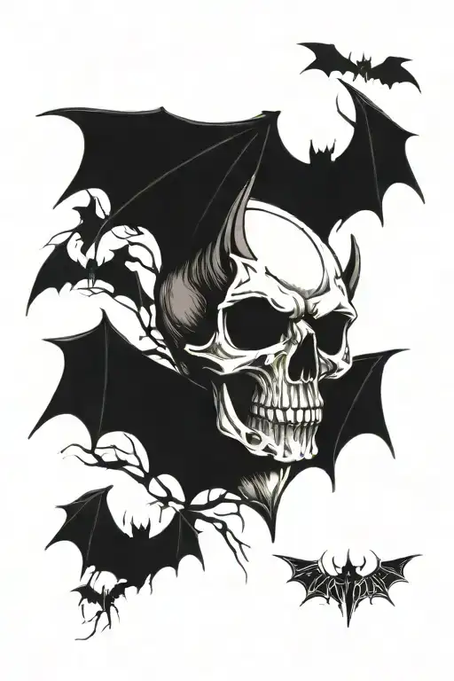 bat skull, blades istead of knives, torn wings spread tattoo design idea