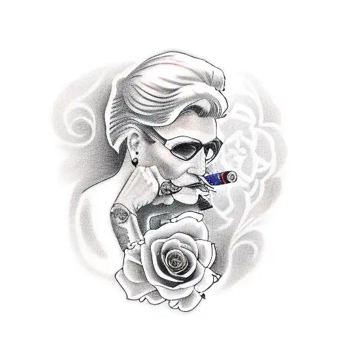 mid-age woman 50 years old, blonde hair, smoking a cigarrete with a red rose tatto in the back of her shoulder with the  tattoo design idea