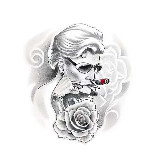 mid-age woman 50 years old, blonde hair, smoking a cigarrete with a red rose tatto in the back of her shoulder with the  tattoo design idea