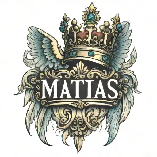 The name MATIAS in the shape of a king’s crown and two angel wings, one each side of the crown  tattoo design idea