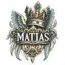 The name MATIAS in the shape of a king’s crown and two angel wings, one each side of the crown  tattoo design idea