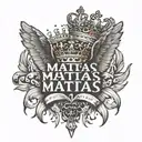 The name MATIAS in the shape of a king’s crown and two angel wings, one each side of the crown  tattoo design idea