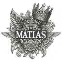 The name MATIAS in the shape of a king’s crown and two angel wings, one each side of the crown  tattoo design idea