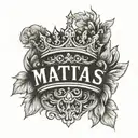 The name MATIAS in the shape of a king’s crown and two angel wings, one each side of the crown  tattoo design idea