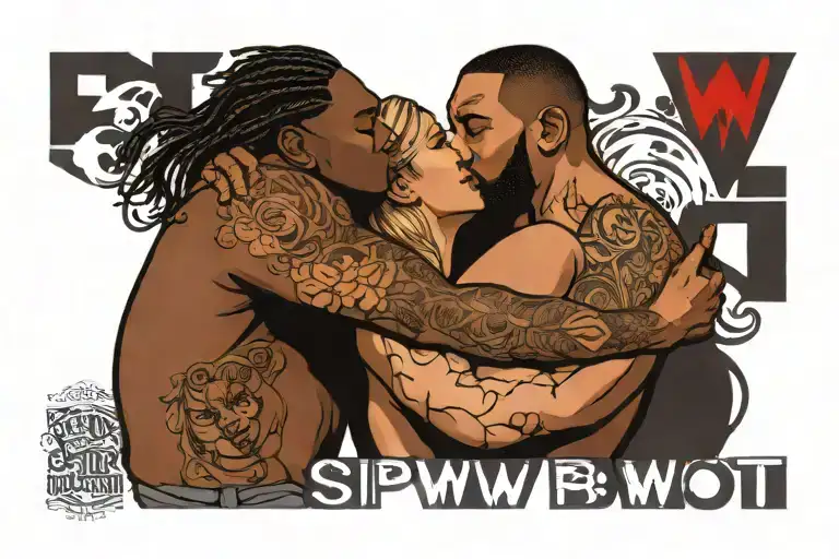 text: Support BNWO, big muscular black man kiss skinny white girl tattoo design idea