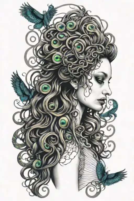create a tattoo that combines Medusa in a tim Burton style with a mix of peacock coloring and black and white tattoo design idea