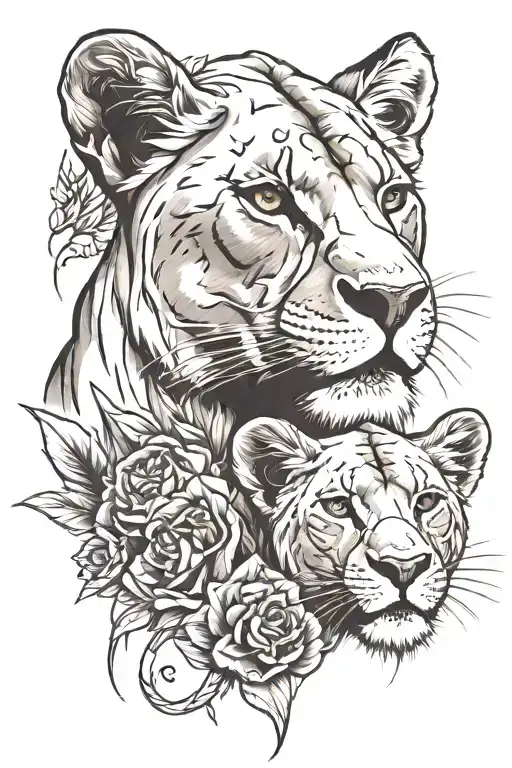 lioness and little lion head tattoo design idea