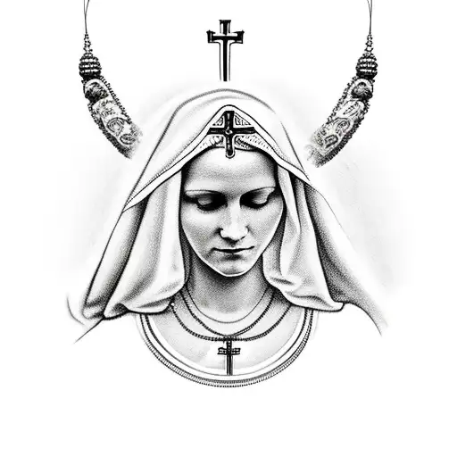 mother mary head with praying hands and  a rosary bead tattoo design idea