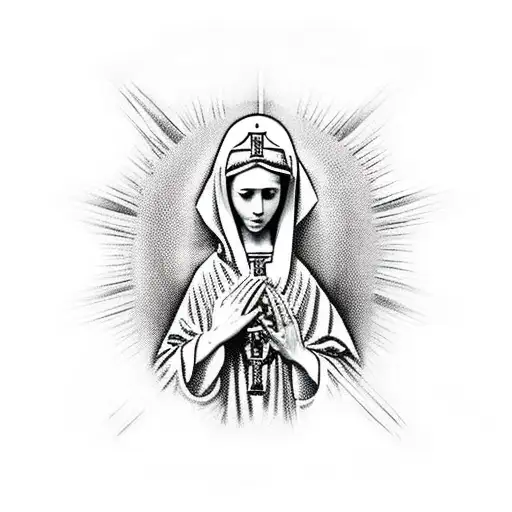 mother mary with praying hands holding a rosary beads tattoo design idea