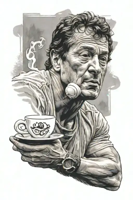 Rocky Balboa meditating with a cup of coffee in hand tattoo design idea