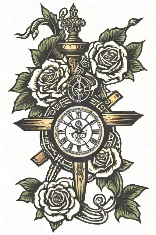 anglican cross with tudor roses and light rays coming and a clock with roman numerals and turtle head with red eyes tattoo design idea
