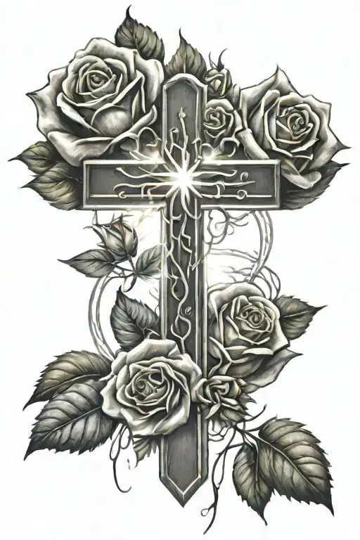 Cross with love and roses and light rays coming tattoo design idea