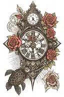 Cross with love and roses and light rays coming and a clock with roman numerals and turtle head with red eyes tattoo design idea