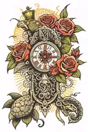 Cross with love and roses and light rays coming and a clock with roman numerals and turtle head with red eyes tattoo design idea